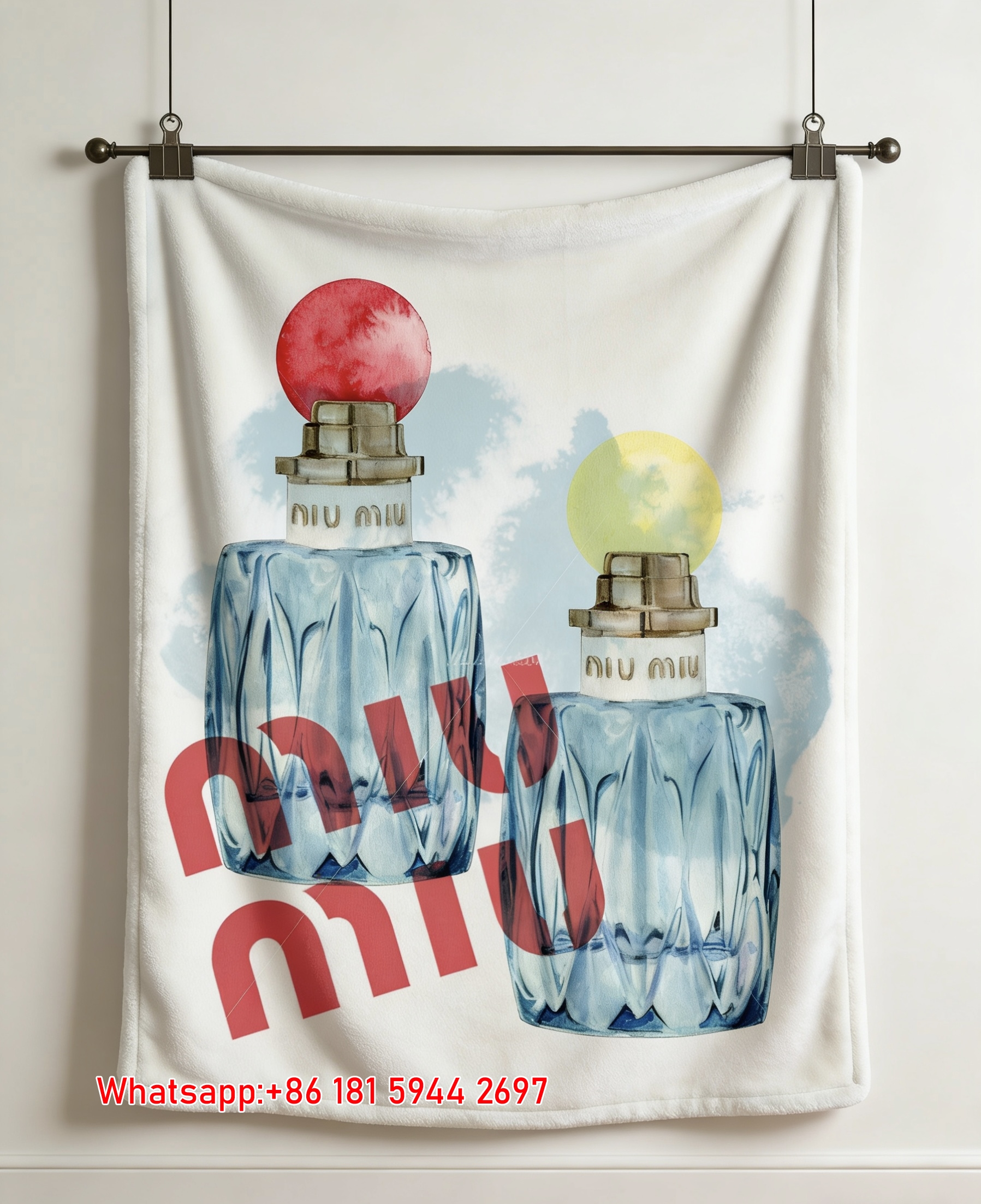 Miu Miu Watercolor Perfume Bottle Blue Red Yellow Flannel Throw Blanket Miu Miu Graphic Printed Sofa Blanket IMG_0361